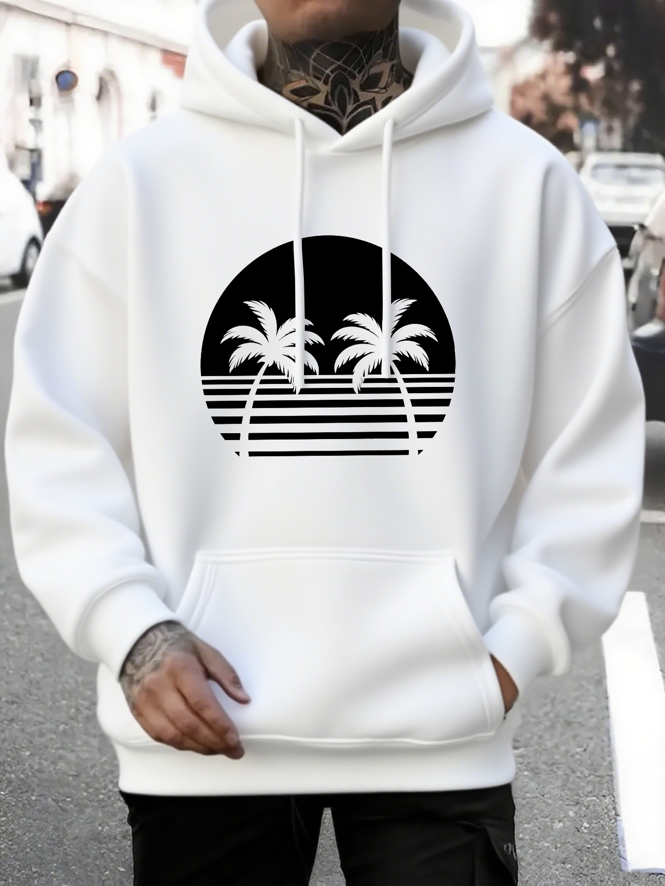 Men's Graphic Hoodie Tropical Sunset With Palms Reflected Over Serene Ocean Horizon
