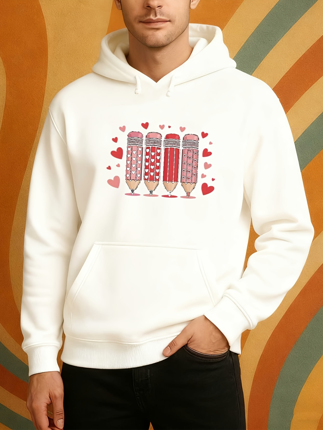 Men's Graphic Hoodie Hearts Pattern With Colorful Straws And Sparkling Glasses Milkshake