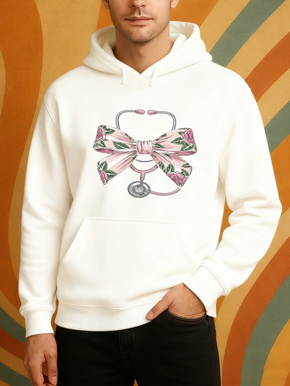 Men's Graphic Hoodie Floral Patterned Bow With Delicate Stethoscope Among Abstract Shapes Stethoscope
