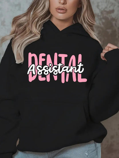 Women's Graphic Hoodie Dental Assistant Playful Bold Lettering On Cozy Black Hoodie