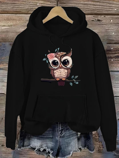 Women's Graphic Hoodie Whimsical Woodland Scene With Big Eyed Owl Perched On Branch