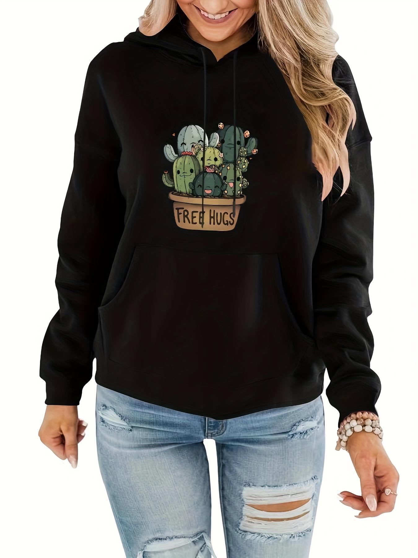 Women's Graphic Hoodie Free Hugs Cute Green Cactus Sitting In Small Clay Pot