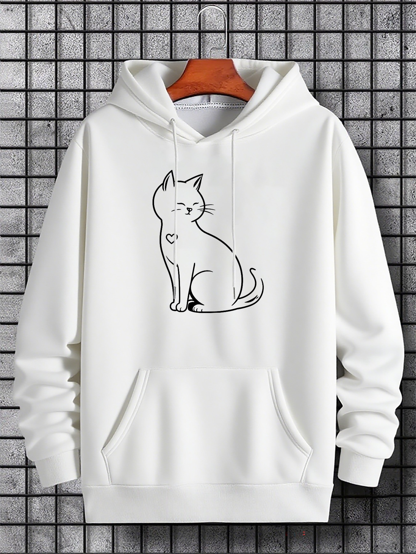 Men's Graphic Hoodie Gentle Minimalist Black Line Art Sitting Cat