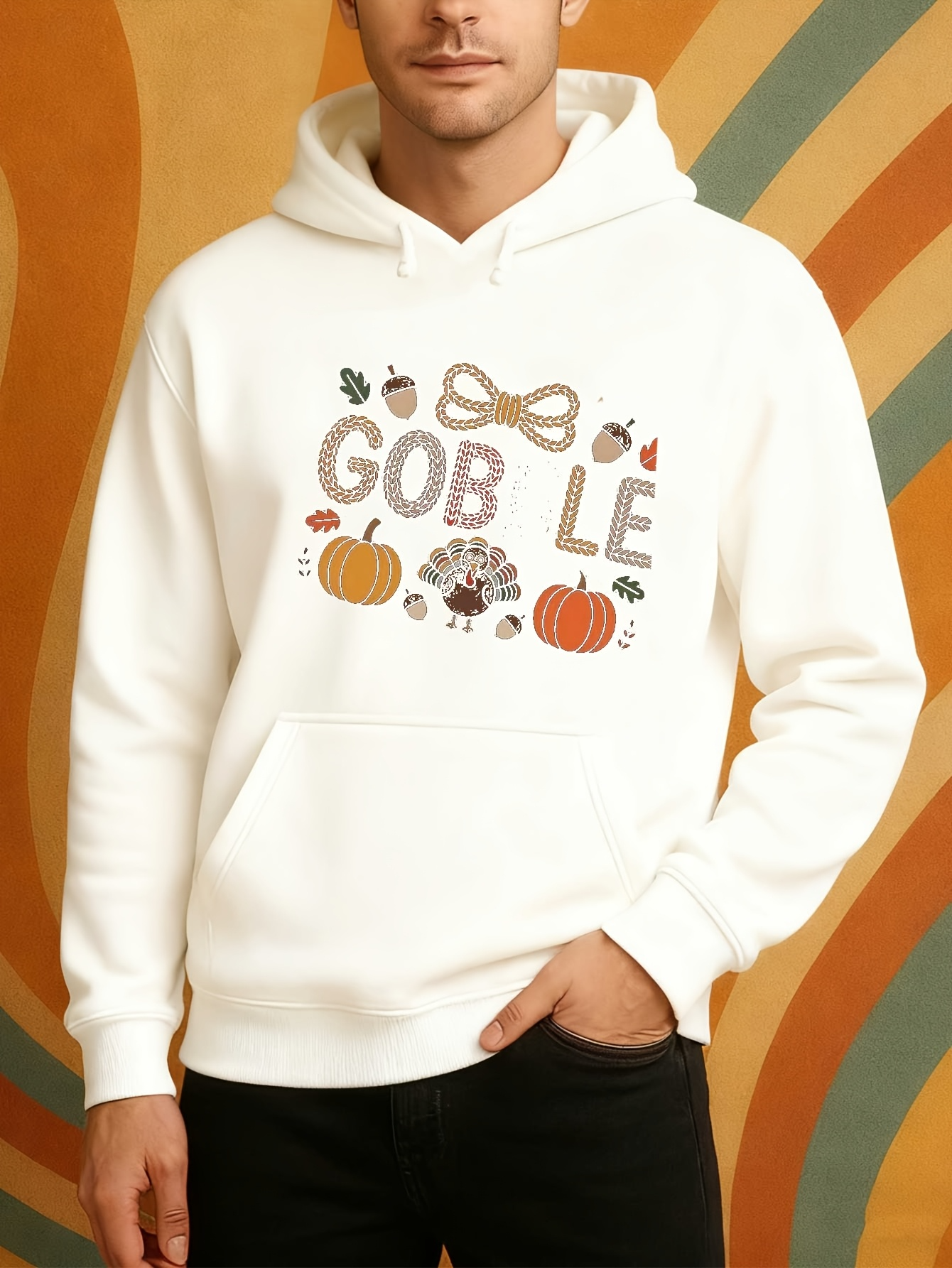 Men's Graphic Hoodie Gobble Playful Autumn Leaves And Pumpkins With Festive Turkey