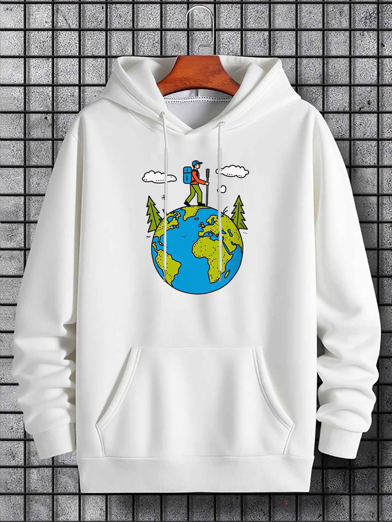 Men's Graphic Hoodie Peaceful Adventure Surrounded By Clouds Trees And Green Vibrant Earth Globe