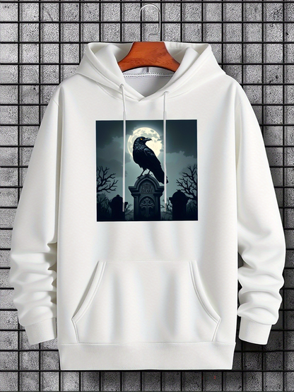 Men's Graphic Hoodie Gothic Night Cemetery With Moonlight Enshrouding A Lone Majestic Raven