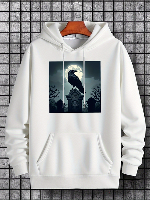 Men's Graphic Hoodie Gothic Night Cemetery With Moonlight Enshrouding A Lone Majestic Raven