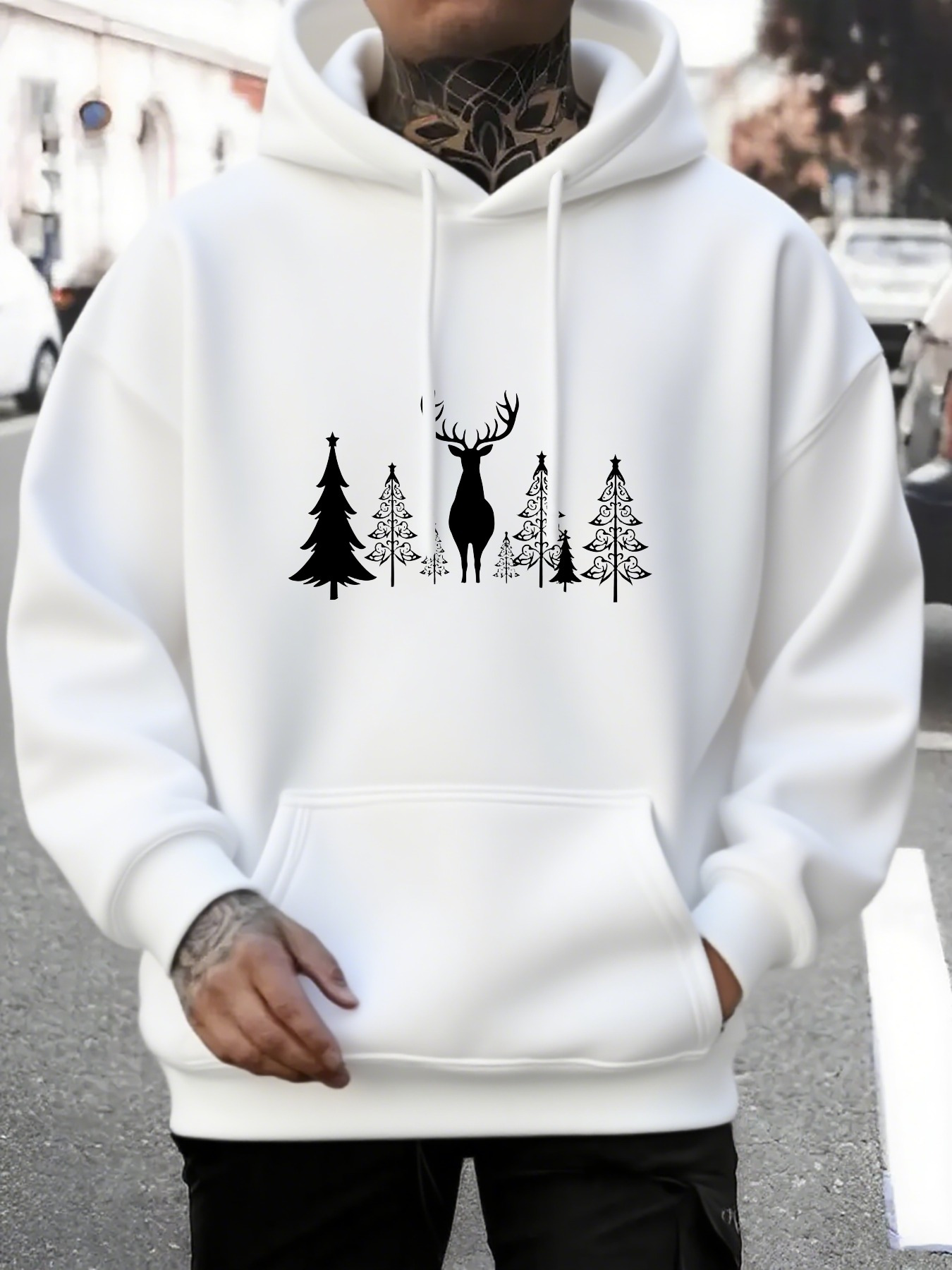 Men's Graphic Hoodie Winter Forest Silhouette With Pine Trees And Lonely Majestic Deer