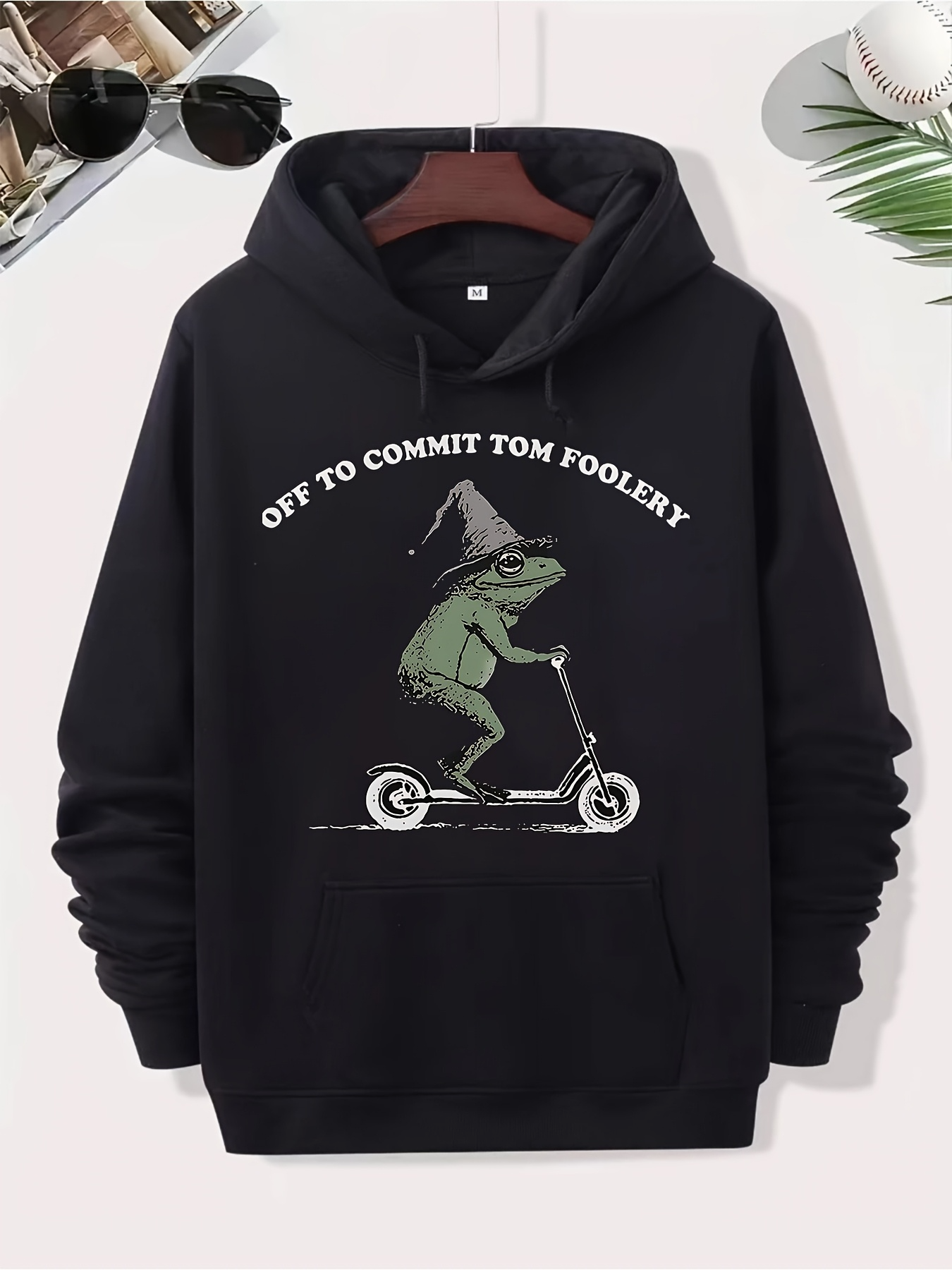Men's Graphic Hoodie Off To Commit Tom Foolery Whimsical Frog On Scooter Wearing Hat