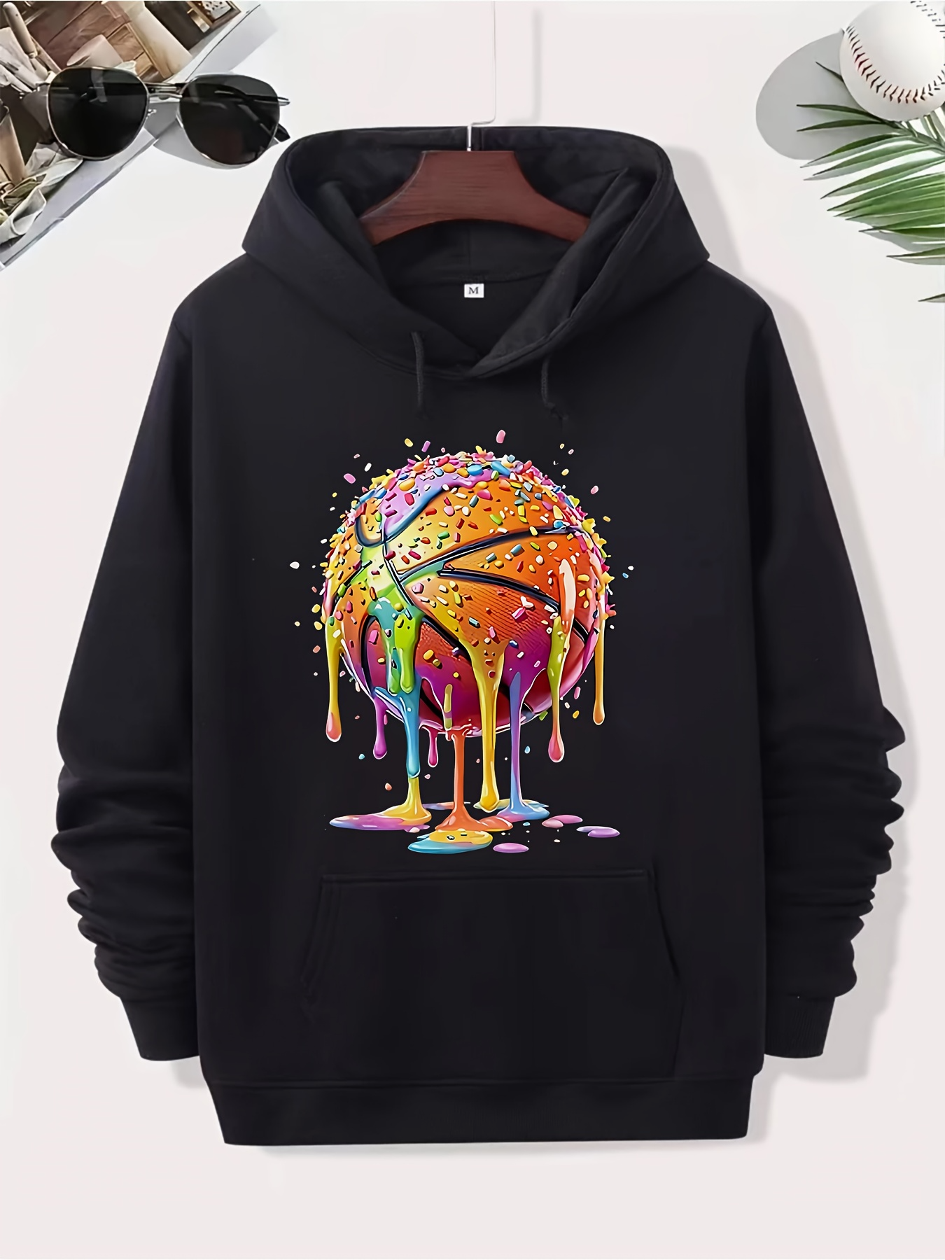 Men's Graphic Hoodie Vivid Neon Colors Dripping With Artistic Paint Basketball