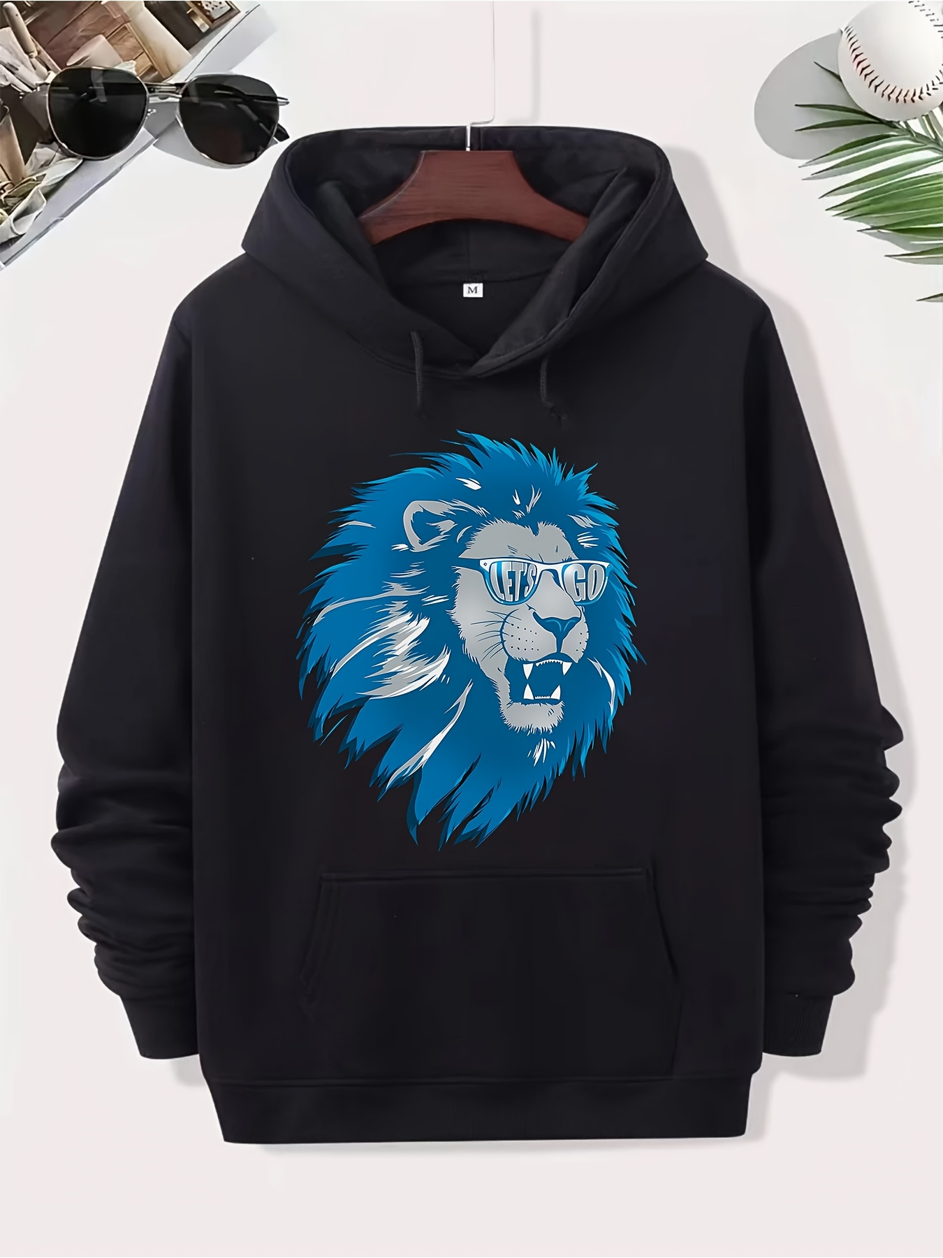 Men's Graphic Hoodie Blue Mane Growling Lion Head Center Hoodie