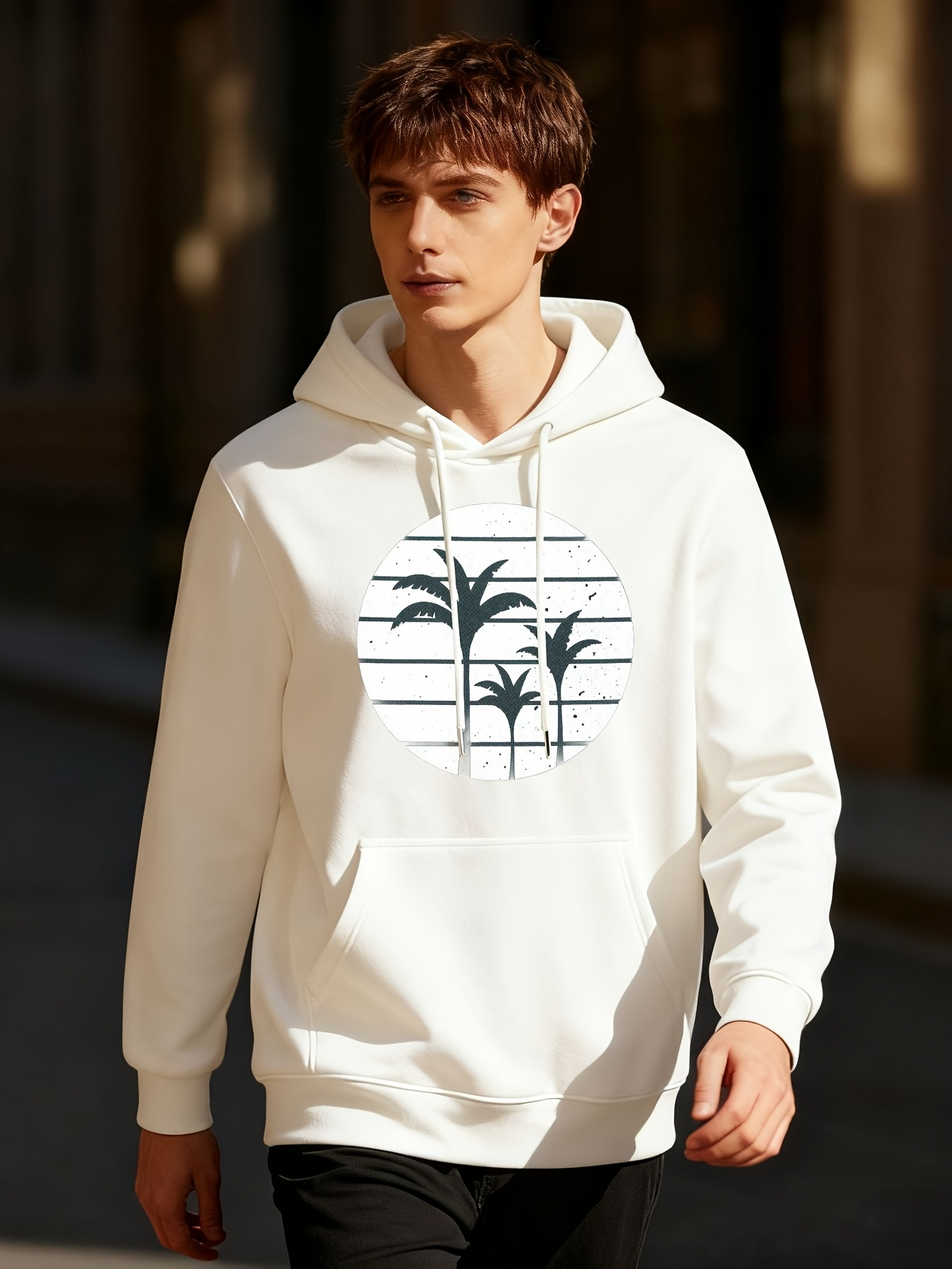 Men's Graphic Hoodie Minimalist Palm Trees Under Faded Striped Sunset Graphic Palm Tree