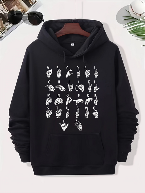 Men's Graphic Hoodie Alphabet Hand Signs Illustrated In Sequence With Gestures Hoodie