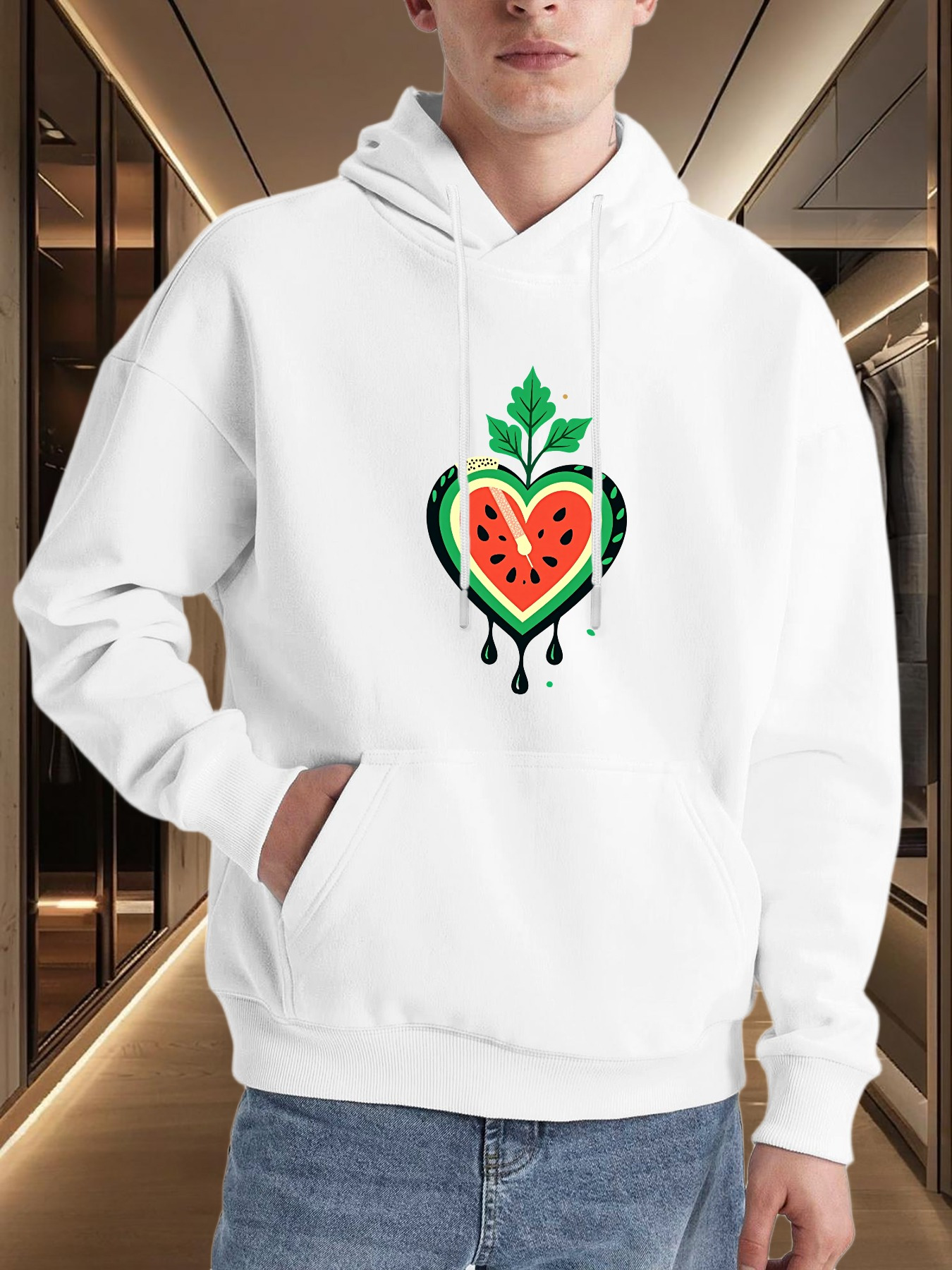Men's Graphic Hoodie Dripping Fresh Juicy Heart Shaped Watermelon With Green Leaves Fruit