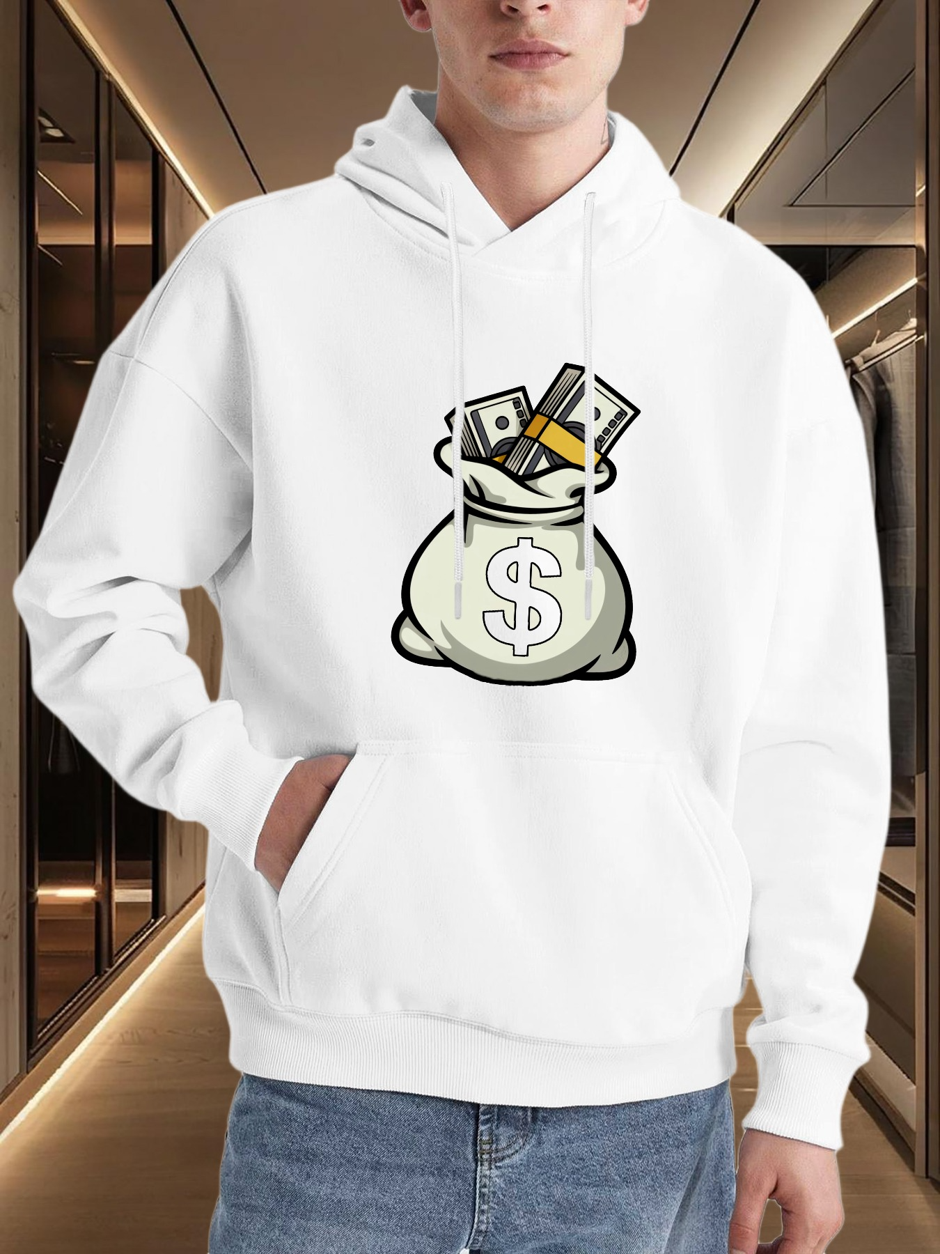 Men's Graphic Hoodie Crisp White Cotton Hoodie With Cartoon Money Bag And Dollar Bills Design