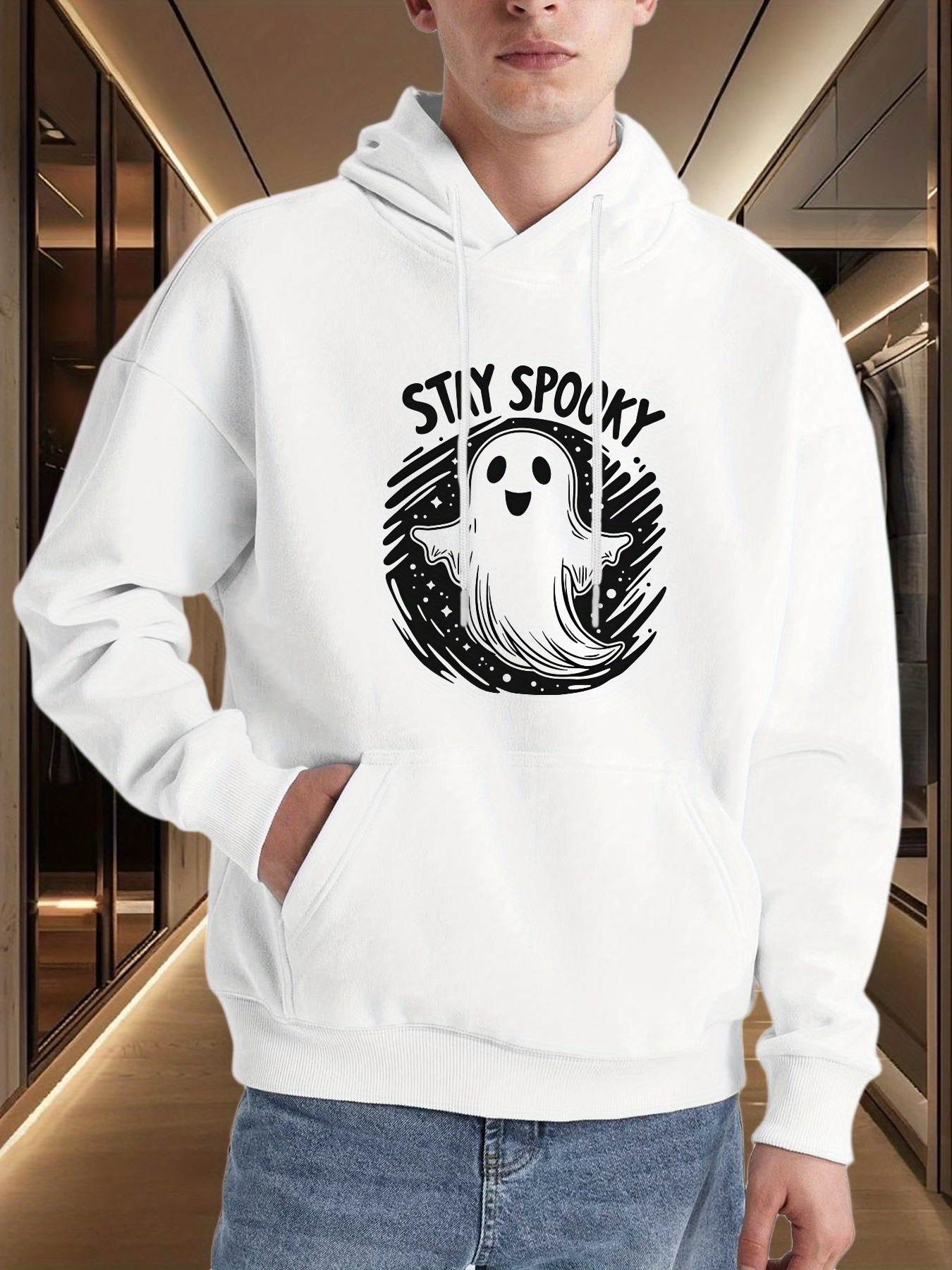 Men's Graphic Hoodie Stay Spooky Smiling Ghost In Doodle Circle Surrounded By Stars And Night Sky