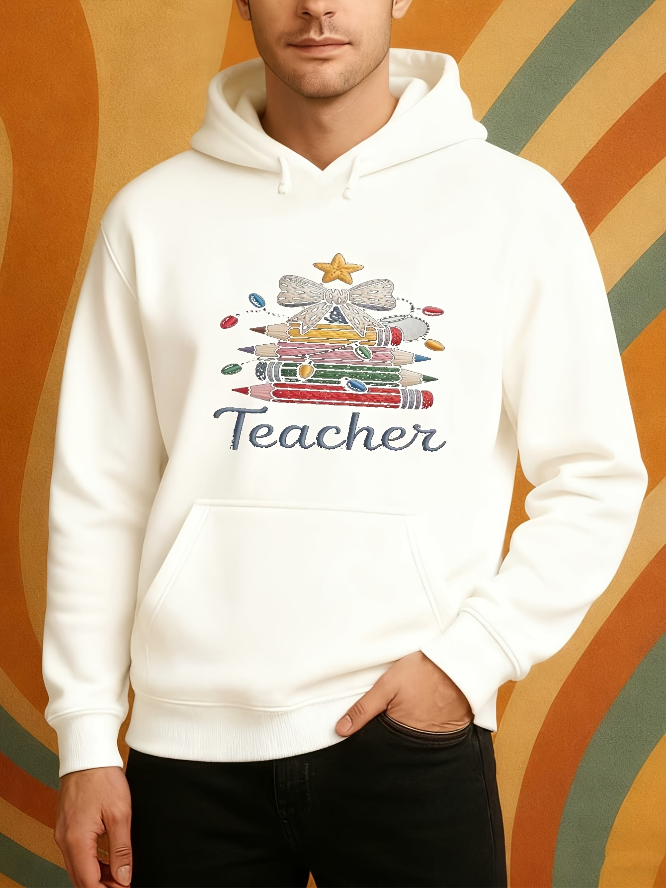 Men's Graphic Hoodie Teacher With Colorful Books Apples Pencil And Shining Star