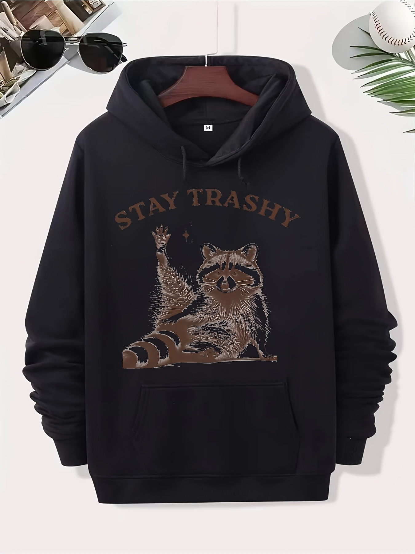 Men's Graphic Hoodie Stay Trashy With Relaxed Raccoon Posing Among Fallen Leaves Hoodie