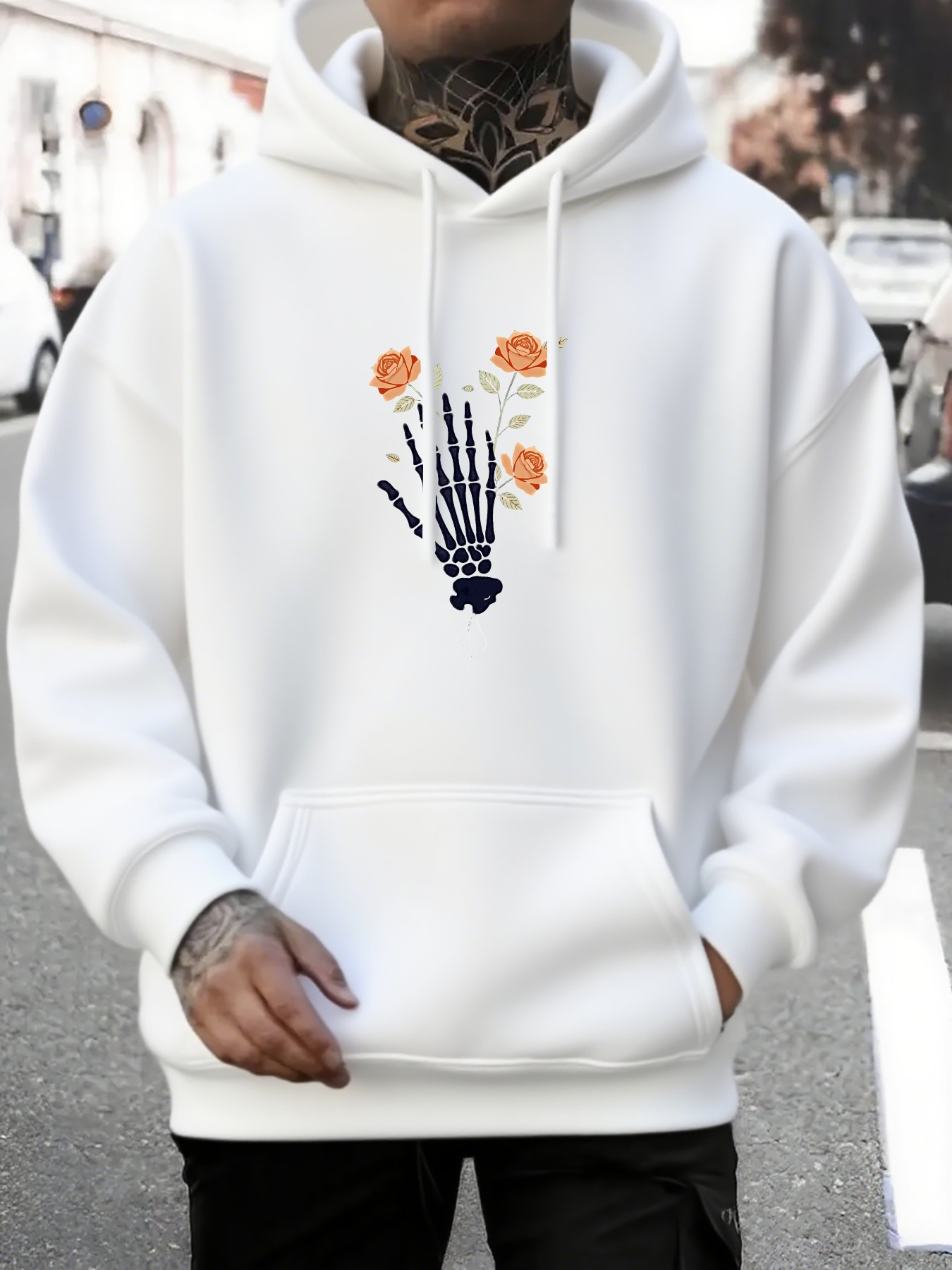 Men's Graphic Hoodie Skeleton Hand Growing Orange Blossoms Under Bright Autumn Sunlight Flower