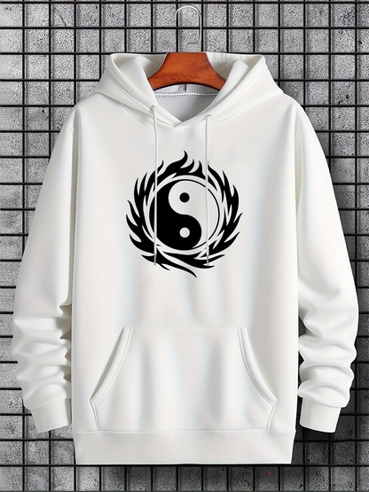 Men's Graphic Hoodie Dynamic Circular Motion With Black White Symbol Surrounded By Waves Yin Yang