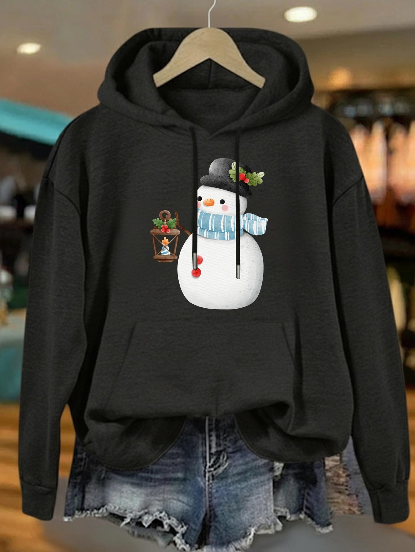 Women's Graphic Hoodie Festive Winter With Lantern Hat Snowman Holding A Lantern