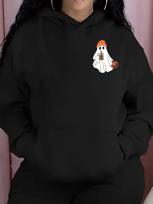 Women's Graphic Hoodie Cute Halloween Ghost With Coffee And Pumpkin Small Patch Ghost