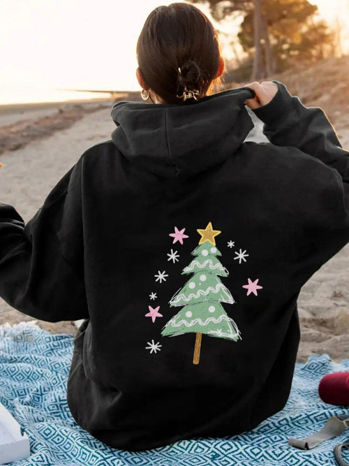 Women's Graphic Hoodie Festive Winter Pine Tree With Colorful Stars And Snowflake Accents Tree