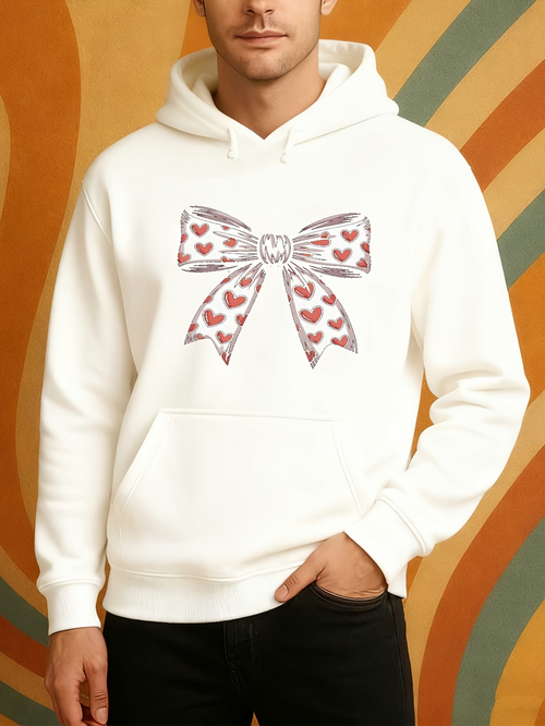 Men's Graphic Hoodie Elegant Ribbon With Heart Pattern Gracefully Spread On White Bow
