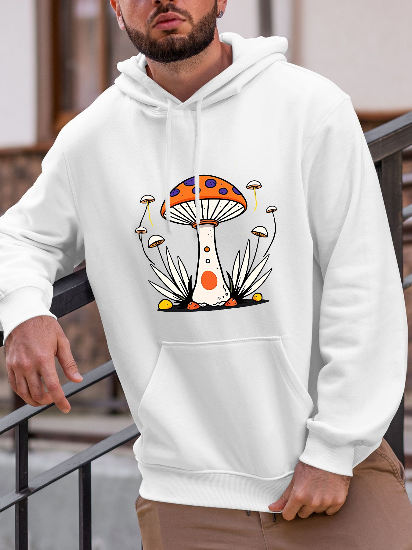 Men's Graphic Hoodie Colorful Fungi Growing Among Grass With Playful Surrounding Mushroom