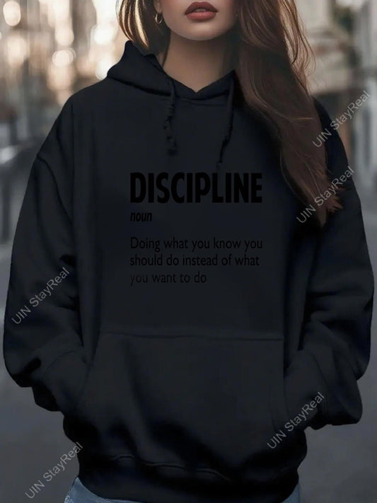 Women's Graphic Hoodie Discipline Determination Shown Through Motivational Inspiring Black Text Hoodie