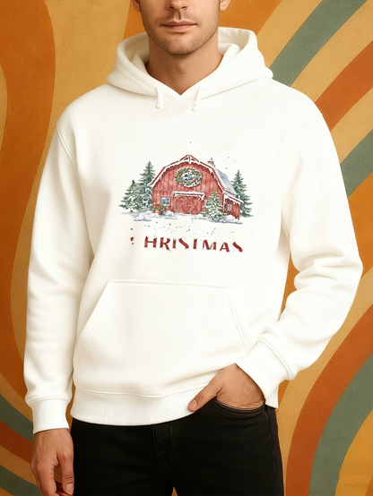 Men's Graphic Hoodie Christmas Red Barn Under Falling Snow Surrounded By Pine Trees