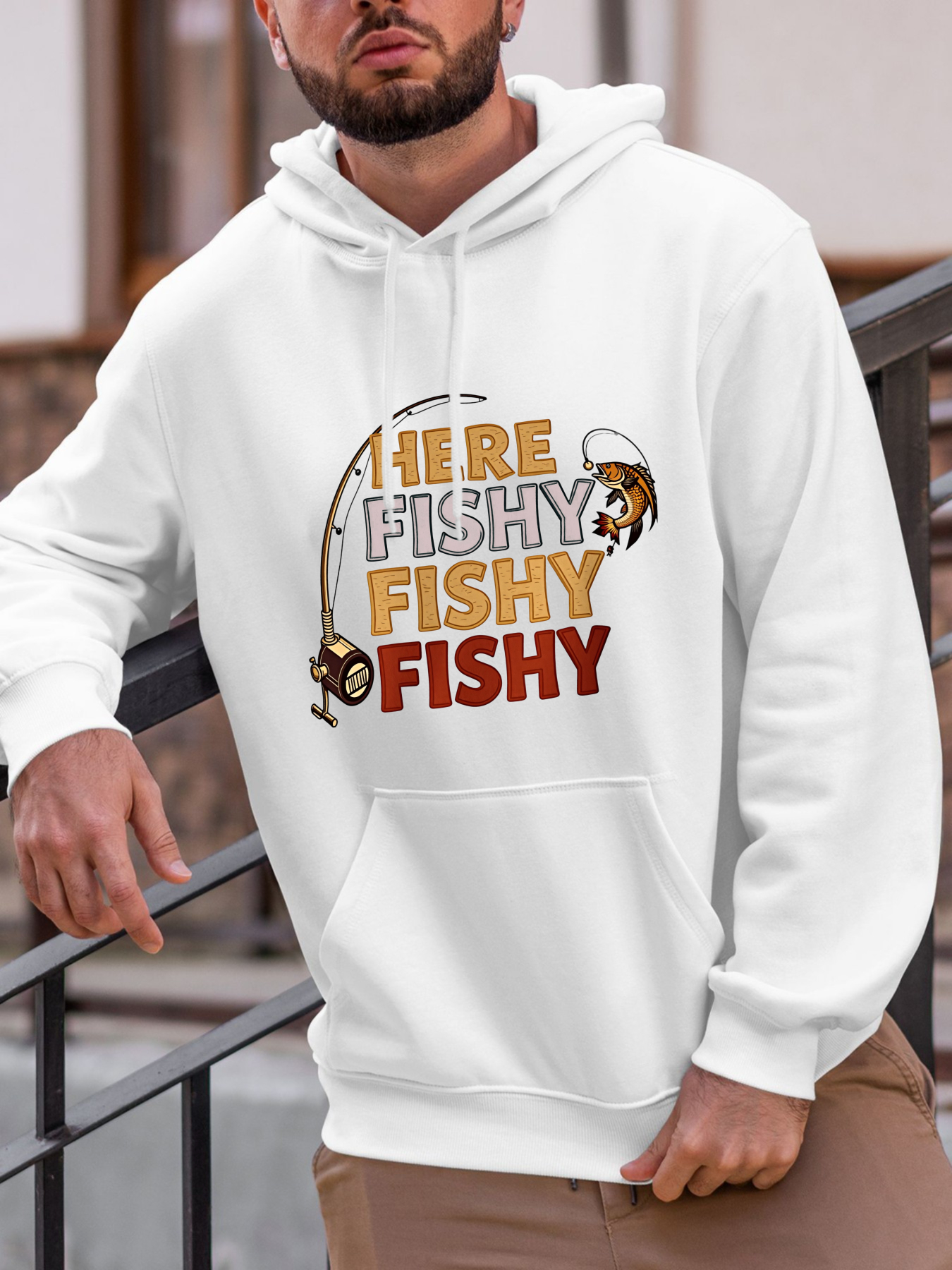 Men's Graphic Hoodie Here Fishy Fishy Fishy With Fishing Rod And Cartoon Fish