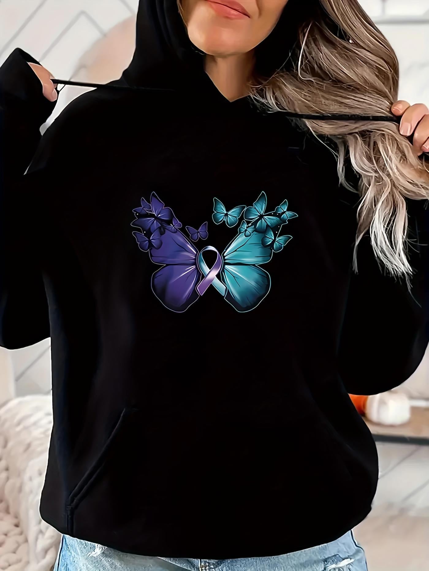 Women's Graphic Hoodie Gradient Blue And Purple Ribbon With Butterfly Wings