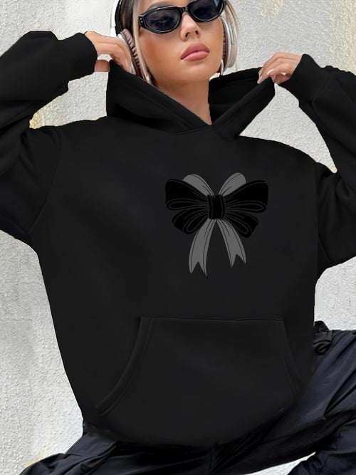 Women's Graphic Hoodie Elegant Velvet Bow Silhouette With Monochrome Shading Centered On Hoodie