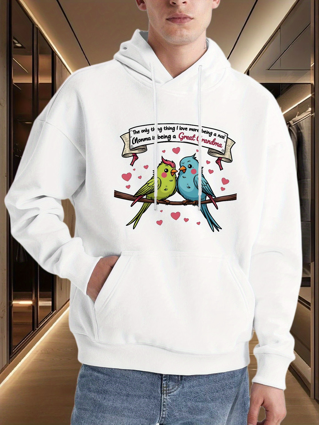 Men's Graphic Hoodie Sweet Pink Hearts With Colorful Budgies Among Bright Blossoms Parakeet