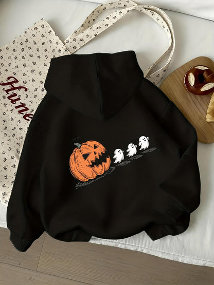 Women's Graphic Hoodie Three Small Ghosts Dancing Around Spooky Orange Pumpkin Hoodie