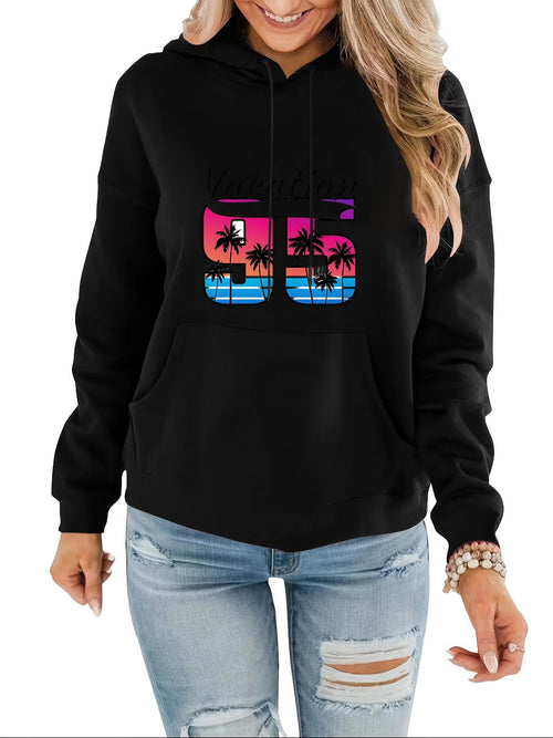 Women's Graphic Hoodie Retro Neon Sunset With Silhouetted Palm Trees And Blue Ocean Waves Number