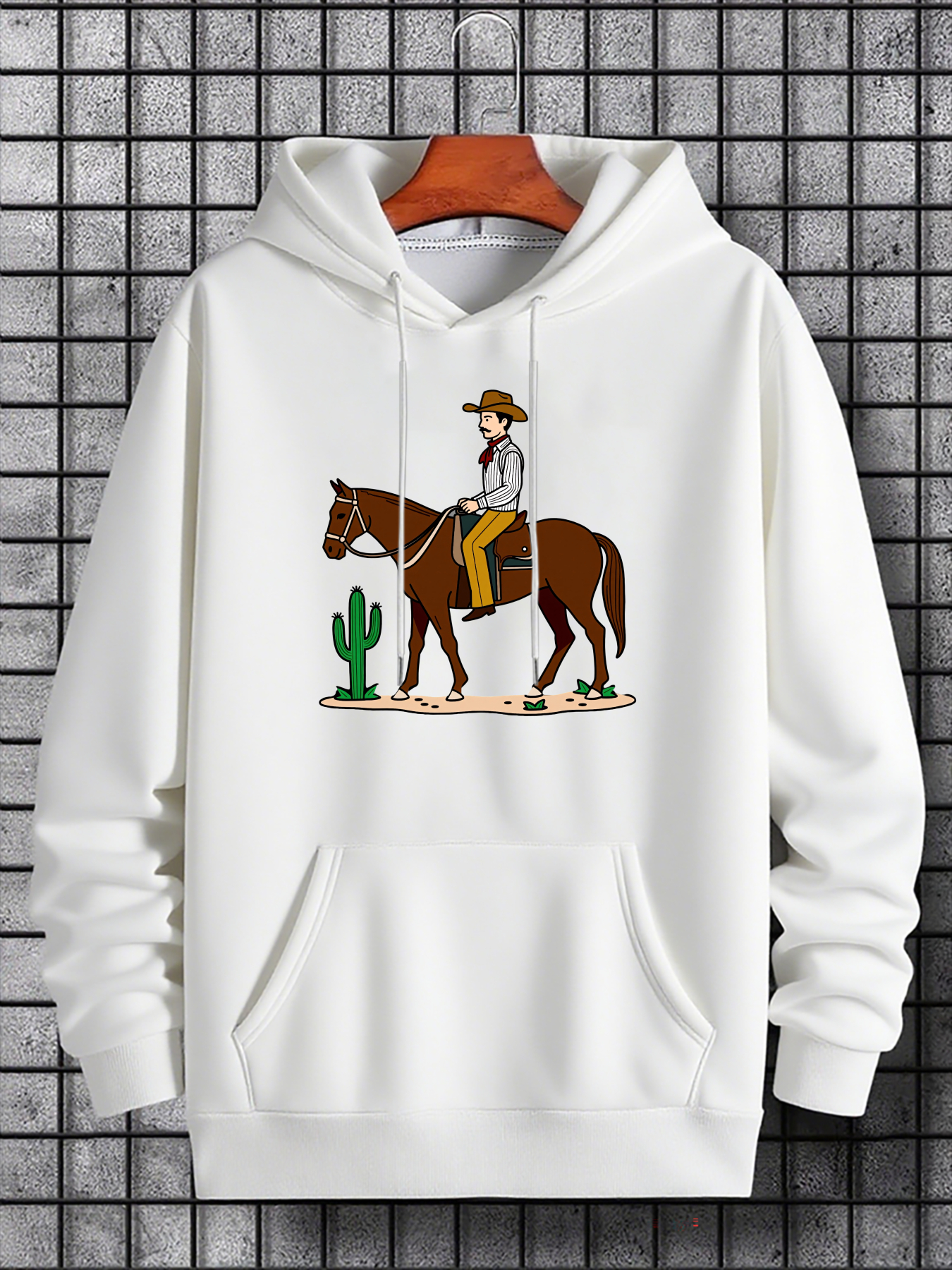 Men's Graphic Hoodie Cowboy With Cactus Among Desert Sunlight Riding A Strong Brown Horse