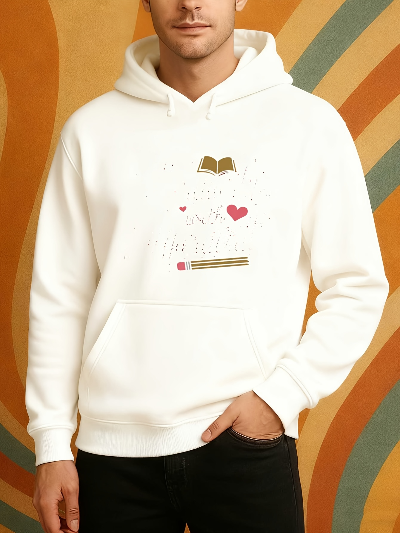 Men's Graphic Hoodie Open Book With Floating Letters Hearts And Golden Bookmark Hoodie