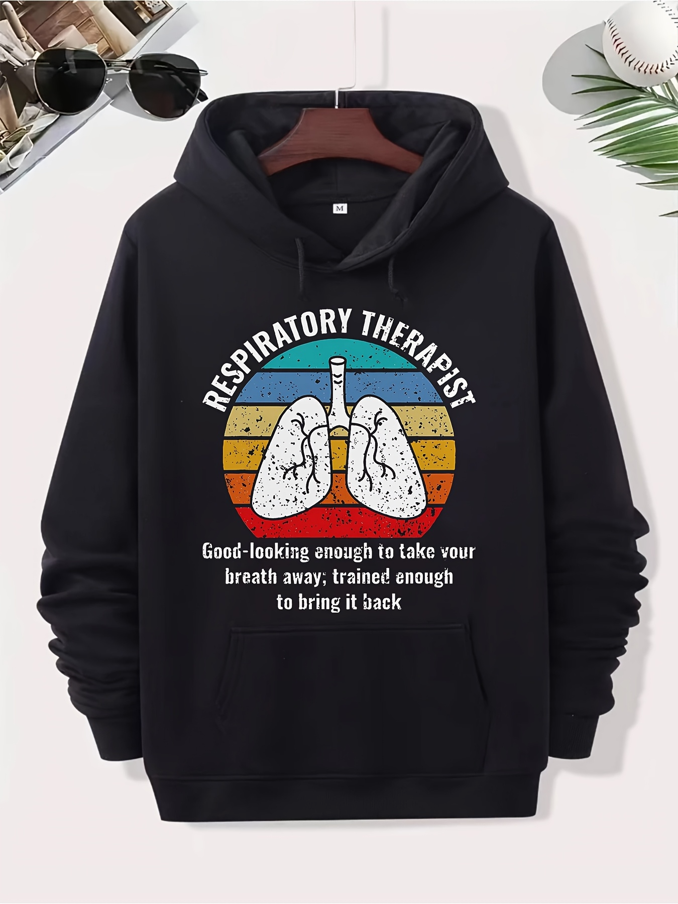 Men's Graphic Hoodie Respiratory Therapist Vintage Striped Sunset With Lungs Graphic