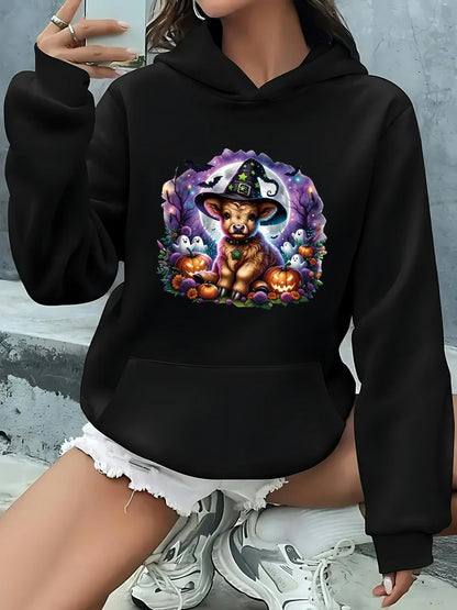 Women's Graphic Hoodie Whimsical Halloween With Pumpkins Bats And Glowing Moonlit Dog