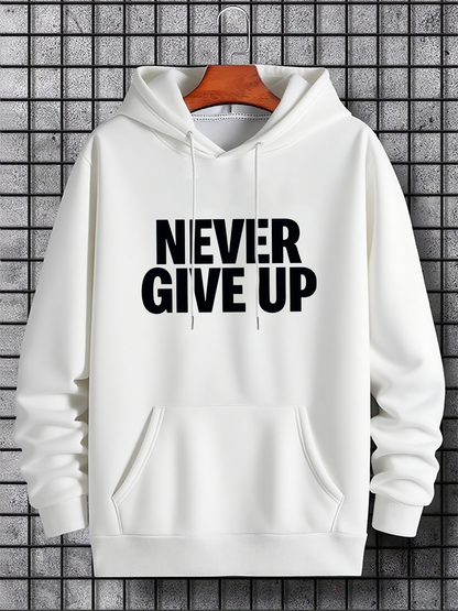 Men's Graphic Hoodie Never Give Up Bold Black Text On Classic White Hoodie