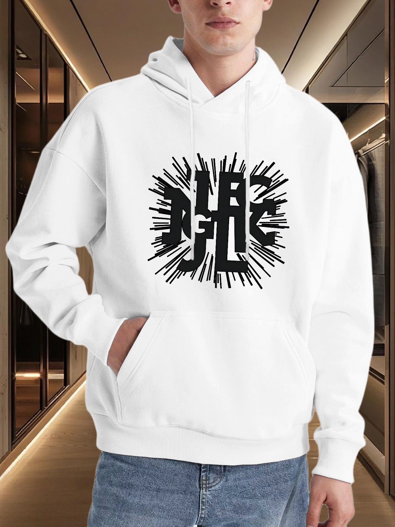 Men's Graphic Hoodie Radiant Black Lines Bursting From Central Abstract Shape