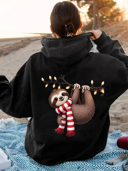 Women's Graphic Hoodie Festive Lights With Playful Winter Scarf Adorned Sloth