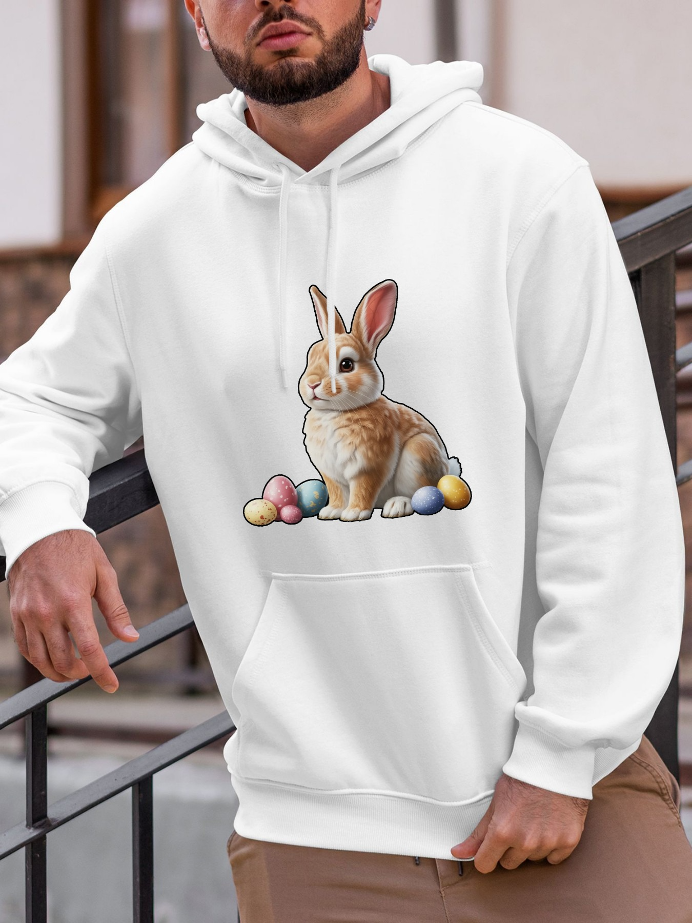 Men's Graphic Hoodie Soft Brown Bunny With Pastel Easter Eggs Under Gentle Daylight Bunny