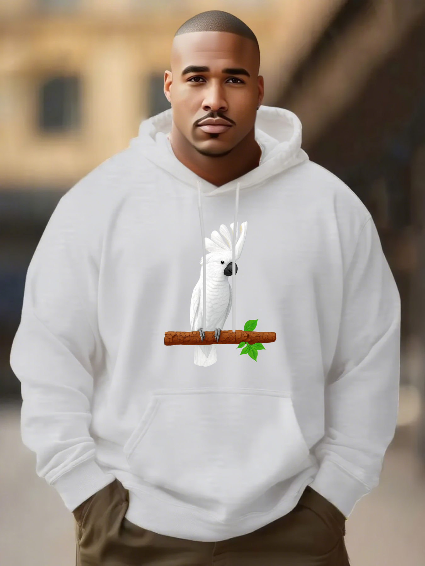 Men's Graphic Hoodie Leafy Branch Perched With A White Cockatoo Standing Gracefully