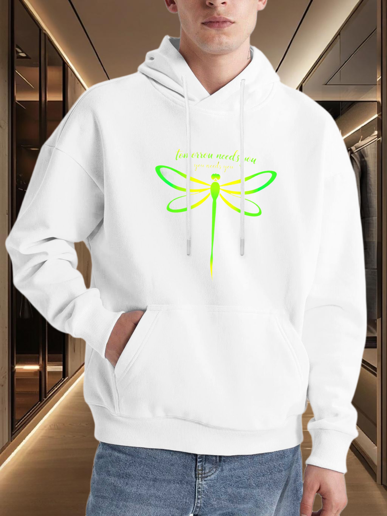 Men's Graphic Hoodie Shiny Neon Green Outline With Delicate Wings Dragonfly
