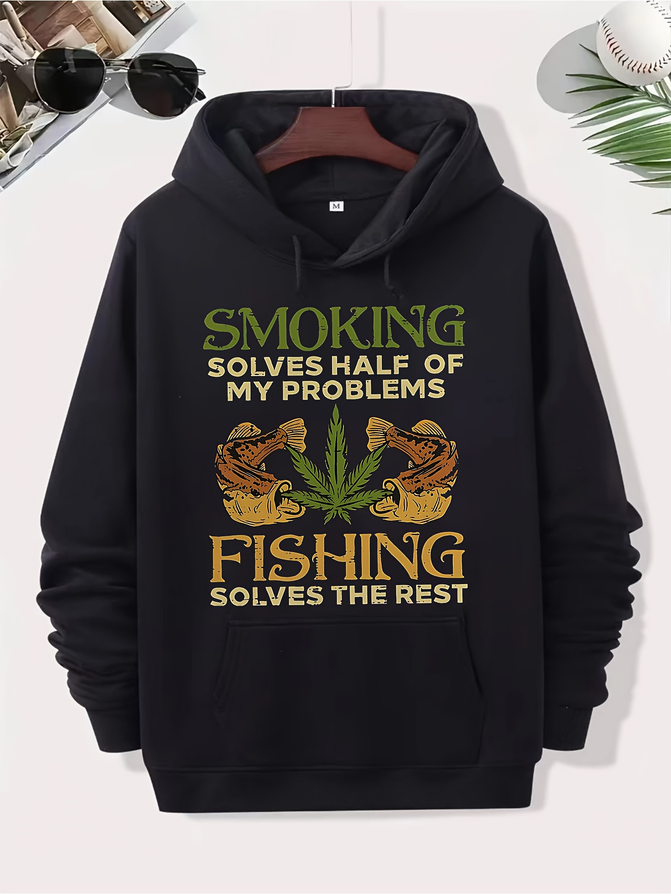 Men's Graphic Hoodie Smoking Solves Problems With Marijuana Leaf And Jumping Fish