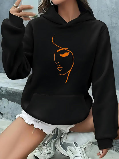 Women's Graphic Hoodie Abstract Orange Line Art Face Minimalism Portrait Hoodie
