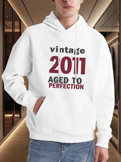Men's Graphic Hoodie Vintage 2011 Aged To Perfection Bold Modern Lettering Surrounded By Minimalist White Hoodie
